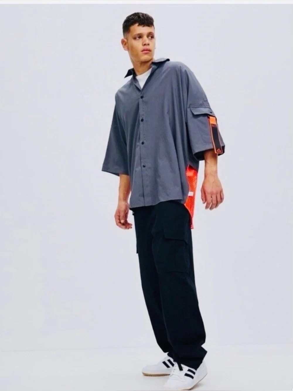 Adidas City Escape Premium  gray Button down Shirt with orange mesh mens small